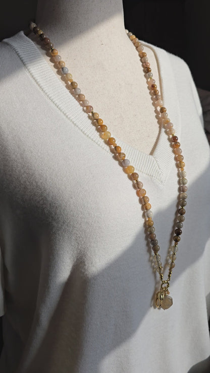 Chrysanthemum Coral and Citrine Necklace with Smoky Quartz Charm – Convertible Gemstone Lanyard Necklace