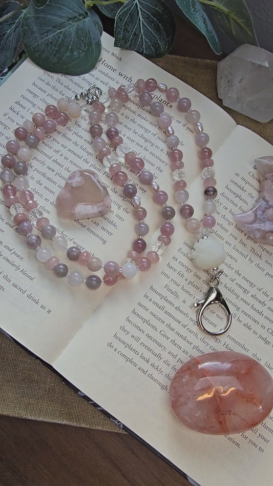 Lotus Bloom Lanyard - Purple Rose Quartz, Plum Jade, Strawberry Quartz, Pink Pearls