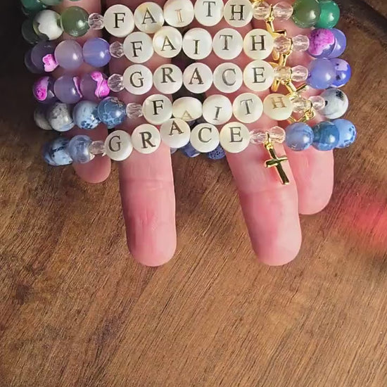 Faith or Grace Cross Charm Bracelet | Handmade | Fire Agate Lava Bead Diffuser | Essential Oil Bracelet