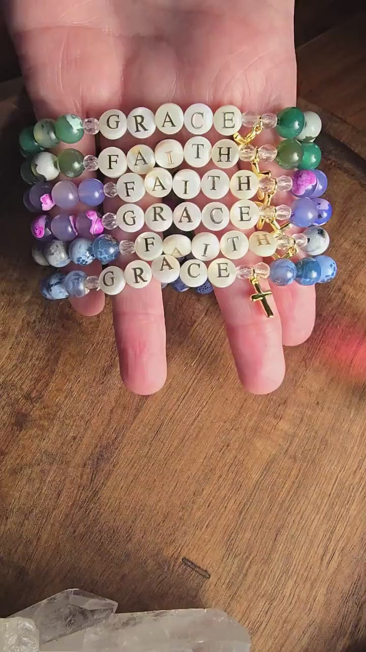 Faith or Grace Cross Charm Bracelet | Handmade | Fire Agate Lava Bead Diffuser | Essential Oil Bracelet