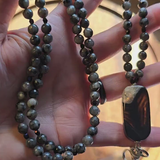 Banded Agate Lanyard | Larvikite Beaded ID Holder | Unique Gemstone Lanyard | Optional Magnetic Breakaway Clasp | Personalized | Handmade