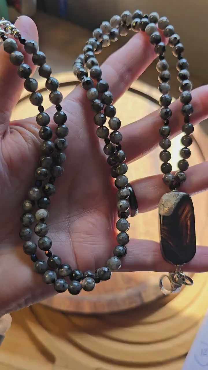 Banded Agate Lanyard | Larvikite Beaded ID Holder | Unique Gemstone Lanyard | Optional Magnetic Breakaway Clasp | Personalized | Handmade