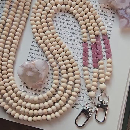 Rhodonite Heart Lanyard | Taurus | Handmade Wood Bead Lanyard | Essential Oil Diffuser Lanyard | Lightweight Beaded ID Holder