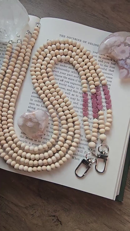 Rhodonite Heart Lanyard | Taurus | Handmade Wood Bead Lanyard | Essential Oil Diffuser Lanyard | Lightweight Beaded ID Holder