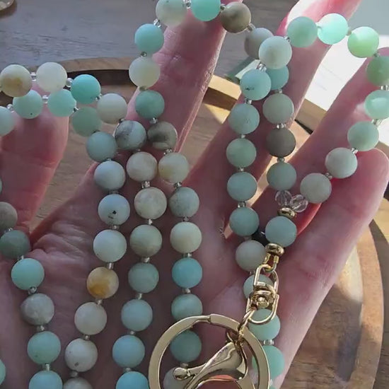 Handmade Matte Amazonite Lanyard | 8mm Neutral Beaded Lanyard | ID Badge Holder | Calming Oceans Lanyard