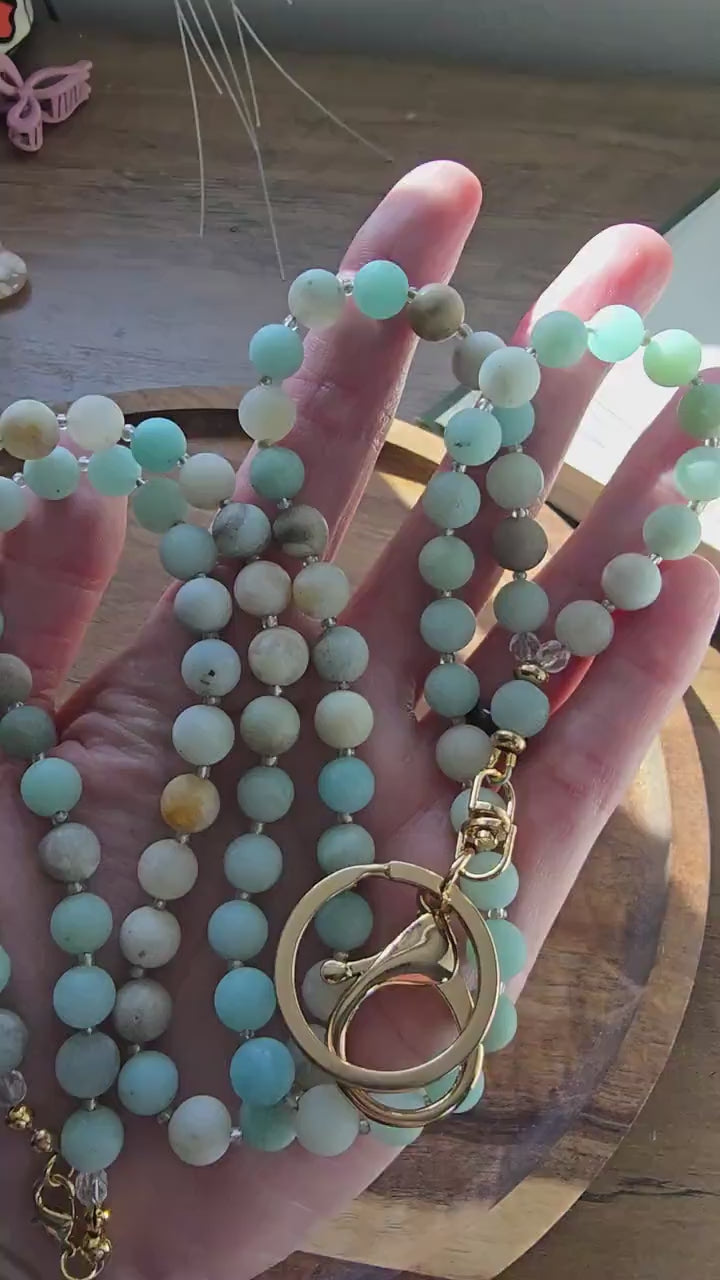 Handmade Matte Amazonite Lanyard | 8mm Neutral Beaded Lanyard | ID Badge Holder | Calming Oceans Lanyard