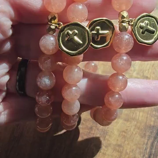 Prayer Bracelet | Sunstone Bracelet | Christian Cross Focal Bead | Stackable Gemstone Bracelet | Gemstone Healing Bracelet | Handmade