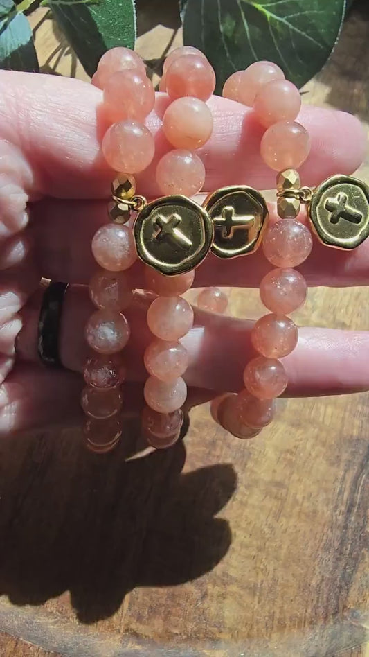 Prayer Bracelet | Sunstone Bracelet | Christian Cross Focal Bead | Stackable Gemstone Bracelet | Gemstone Healing Bracelet | Handmade