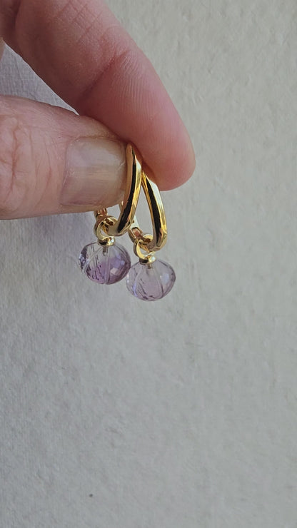 AAA Carved Gemstone Drop Hoop Earrings & Necklaces | Green Amethyst, Purple Amethyst, Prasiolite | Gold Hoop Earings