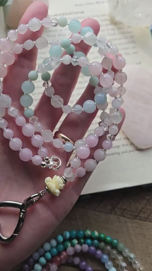 Beaded Teacher Lanyard | Lotus Flower Lanyard | Rose Quartz & Kunzite Lanyard | Personalized | Handmade