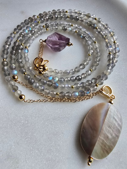 Solstice Drift Necklace | Labradorite, Amethyst & Mother of Pearl Layered Drop Necklace Sacred Sol Design