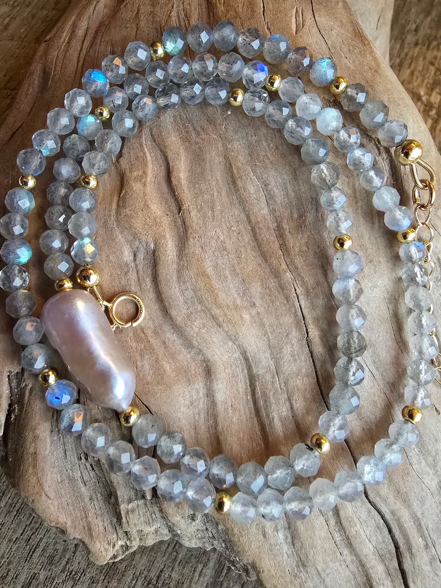 Labradorite and Baroque Pearl Necklace – Natural Gemstone Necklace – Gold Filled Asymmetrical Necklace Sacred Sol Design