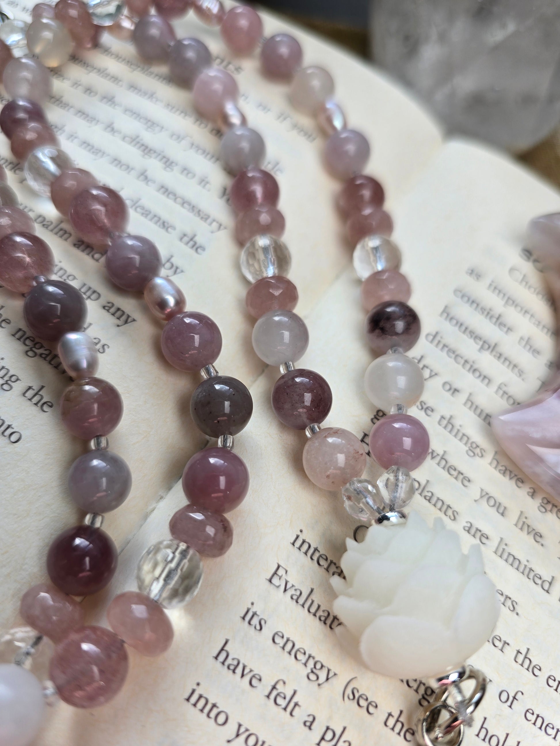 Lotus Bloom Lanyard - Purple Rose Quartz, Plum Jade, Strawberry Quartz, Pink Pearls Sacred Sol Design