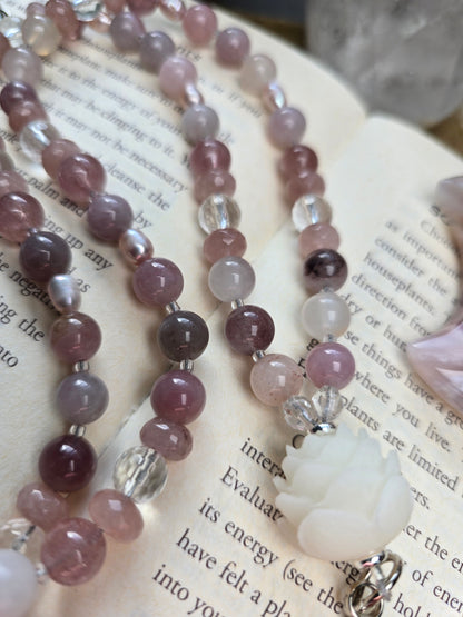 Lotus Bloom Lanyard - Purple Rose Quartz, Plum Jade, Strawberry Quartz, Pink Pearls Sacred Sol Design