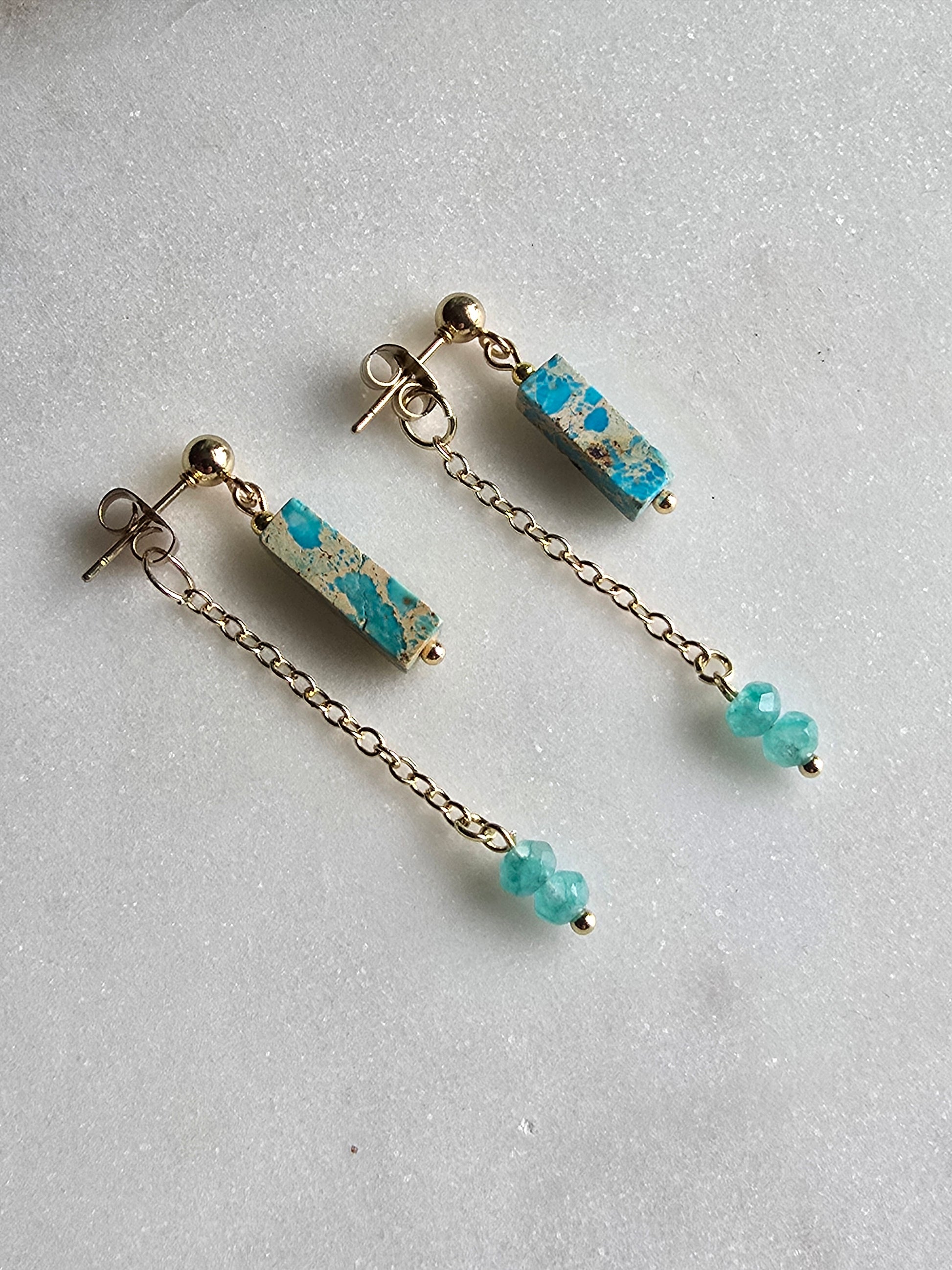 Turquoise Jasper Bar Earrings with Chain Dangle – Gold Plated Stud Earrings, Modern Minimal Stone Drops Sacred Sol Design