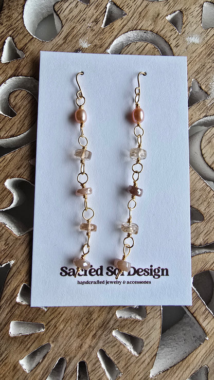Champagne Quartz, Blush Pearl & Mystic Moonstone Earrings Sacred Sol Design