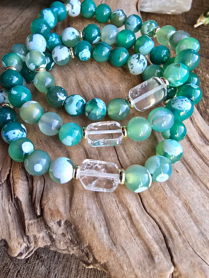 Agate Bracelet with Clear Quartz Focal, Blue or Green Gemstone Bracelet, Gold Plated Beaded Stretch Bracelet My Store