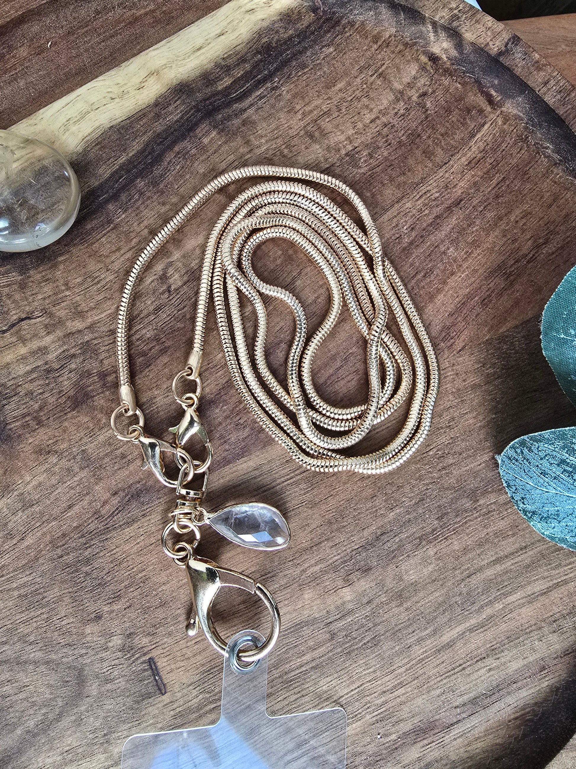 Elegant Snake Chain Lanyard with Natural Quartz Charm Sacred Sol Design