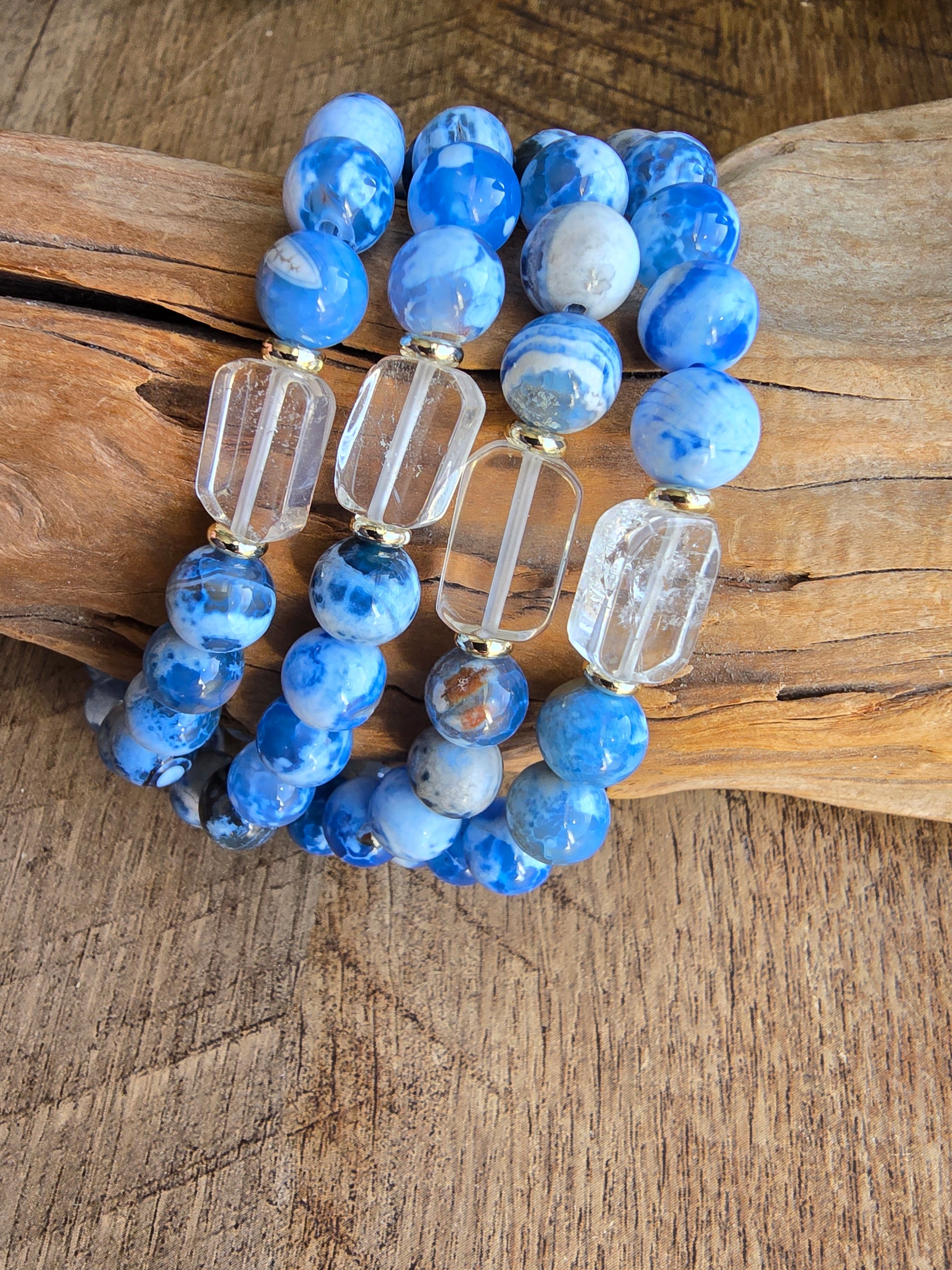 Agate Bracelet with Clear Quartz Focal, Blue or Green Gemstone Bracelet, Gold Plated Beaded Stretch Bracelet My Store