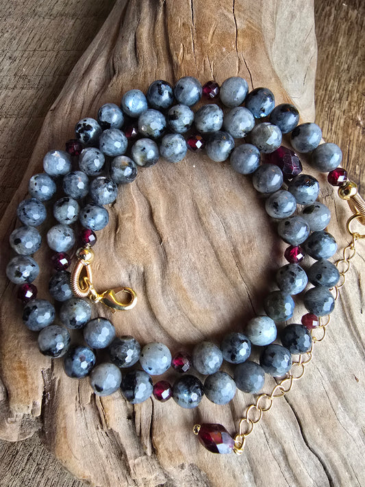 Larvikite and Garnet Necklace – Gold Plated Gemstone Necklace Sacred Sol Design