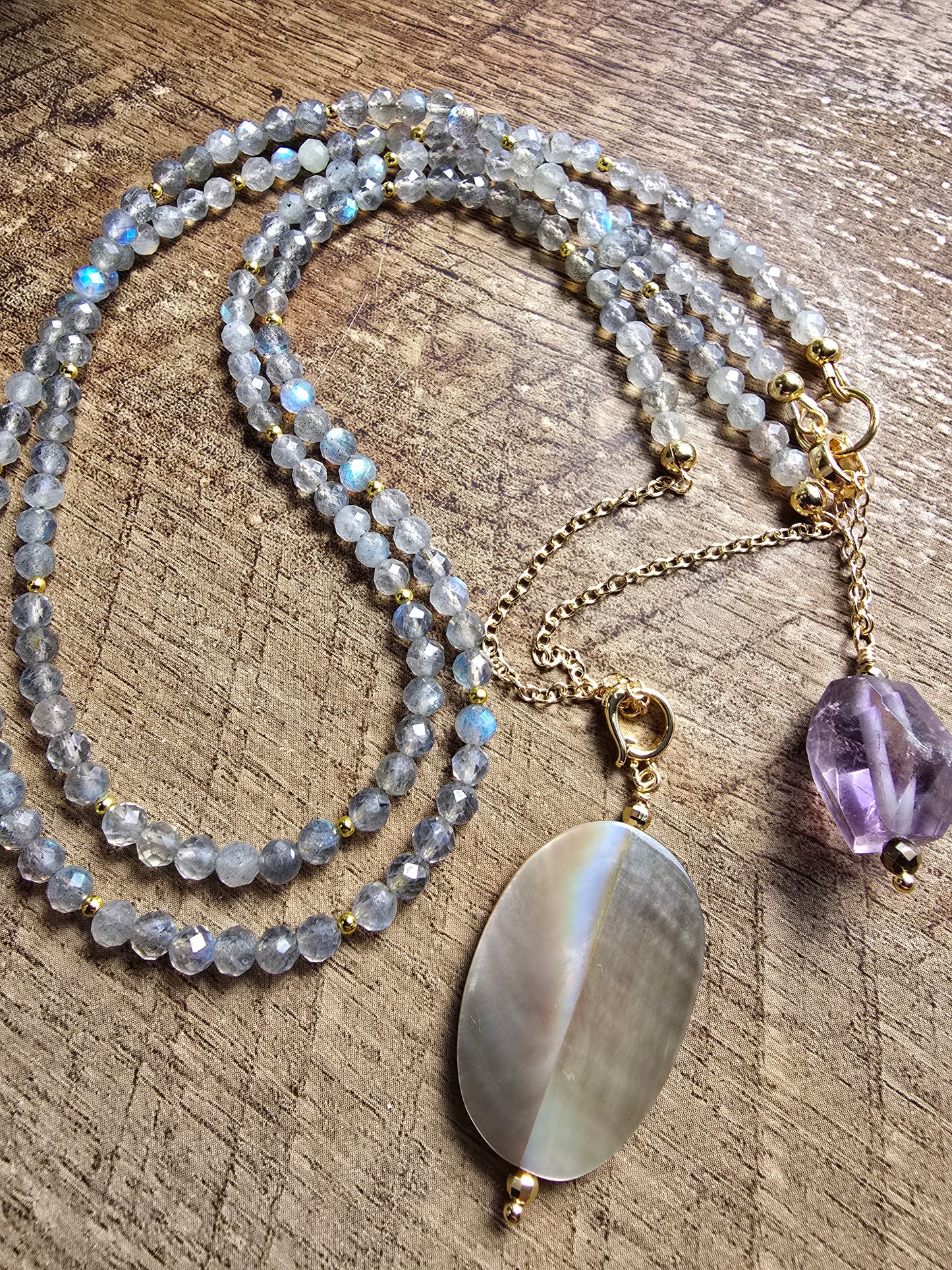 Solstice Drift Necklace | Labradorite, Amethyst & Mother of Pearl Layered Drop Necklace Sacred Sol Design