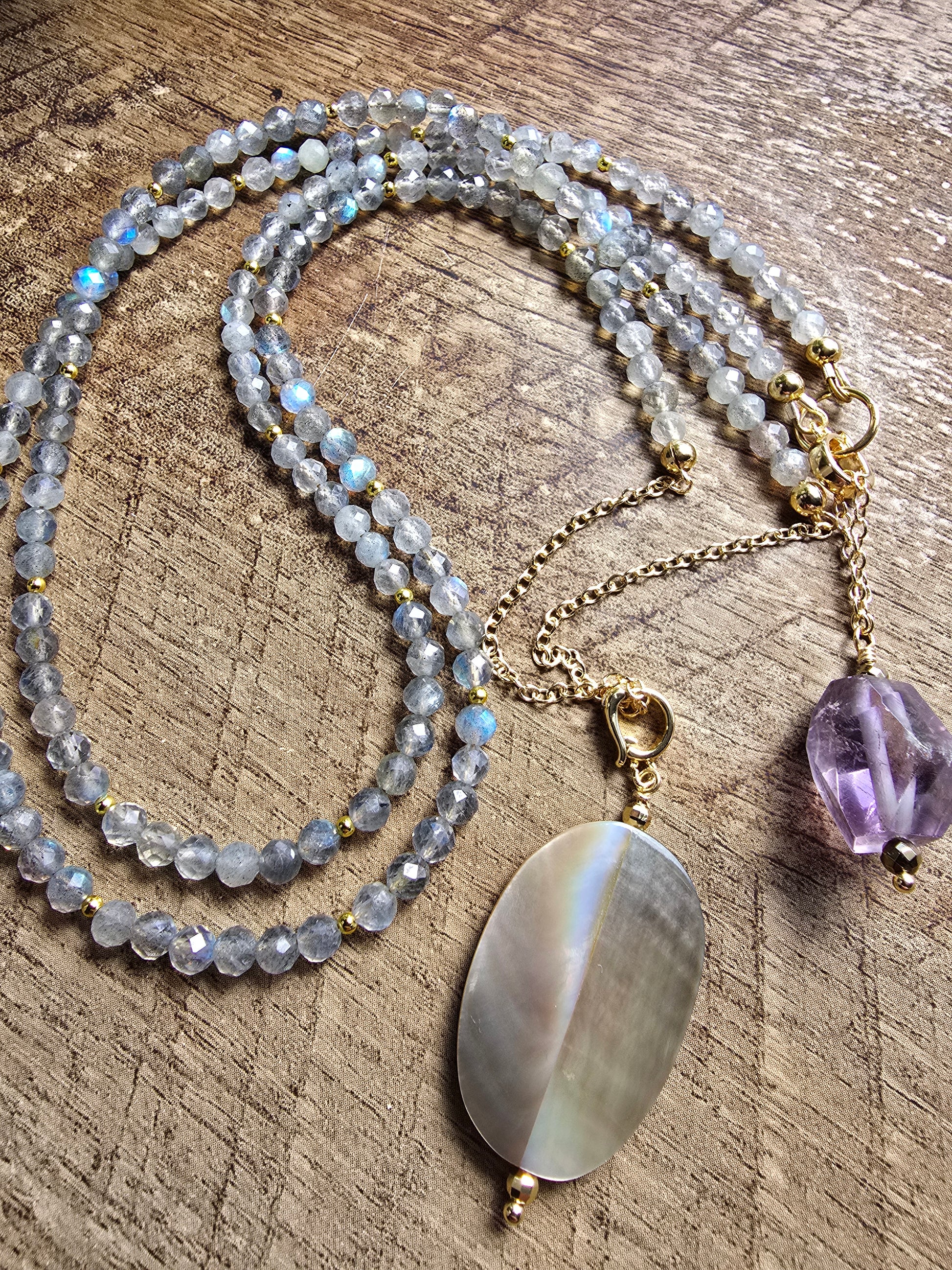 Solstice Drift Necklace | Labradorite, Amethyst & Mother of Pearl Layered Drop Necklace Sacred Sol Design