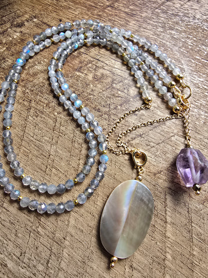 Solstice Drift Necklace | Labradorite, Amethyst & Mother of Pearl Layered Drop Necklace Sacred Sol Design