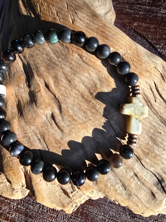Obsidian + Agate Cross Men’s Gemstone Bracelet My Store