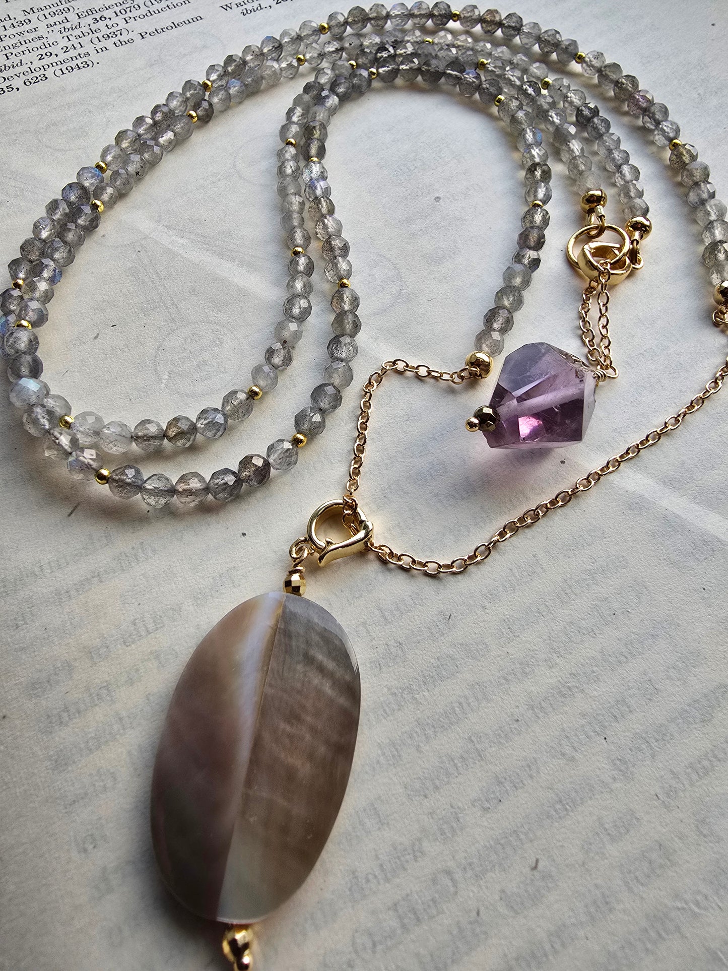 Solstice Drift Necklace | Labradorite, Amethyst & Mother of Pearl Layered Drop Necklace Sacred Sol Design