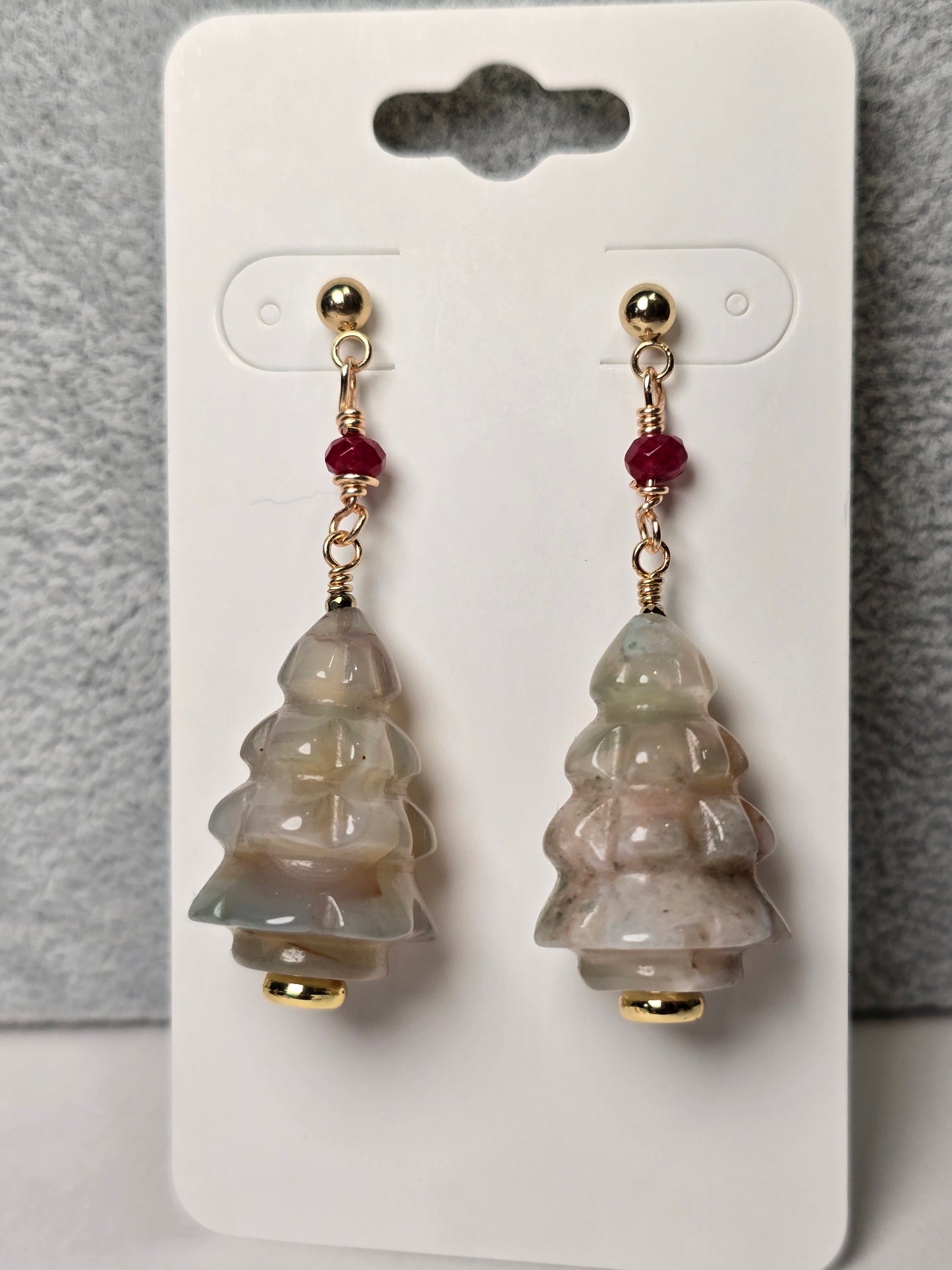 Sakura Agate & Ruby Christmas Tree Dangle Earrings Sacred Sol Design