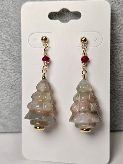 Sakura Agate & Ruby Christmas Tree Dangle Earrings Sacred Sol Design