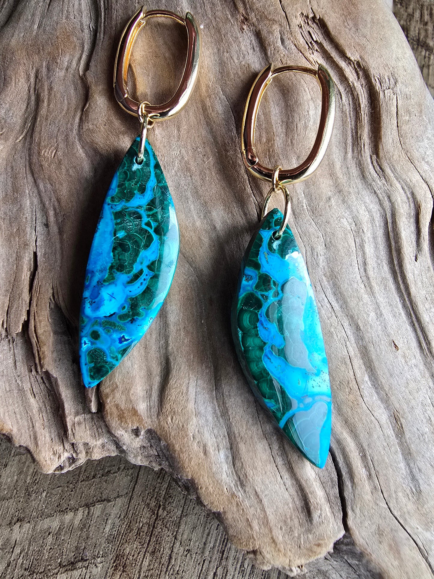 Chrysocolla Malachite Statement Earrings – Gold Hoop Gemstone Drops Sacred Sol Design