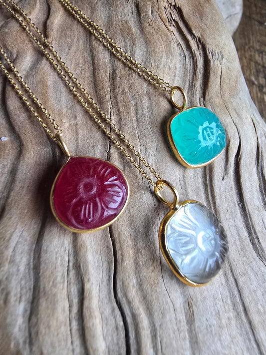 Hand Carved Chalcedony, Ruby or Quartz Necklace – Gold Filled Chain – 18.5” Minimal Gemstone Pendant Sacred Sol Design