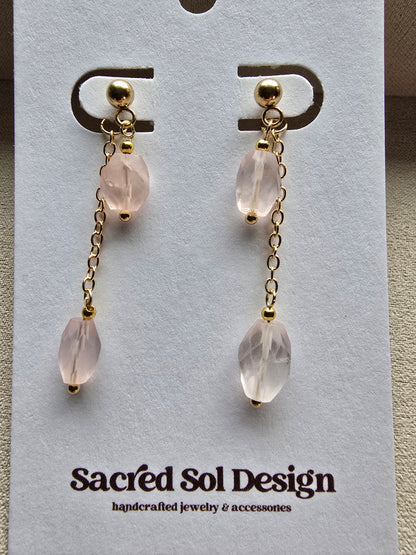 Gold Drop Earrings with Garnet or Rose Quartz - Dainty Chain Dangle Earrings - Minimal Gemstone Earrings Sacred Sol Design