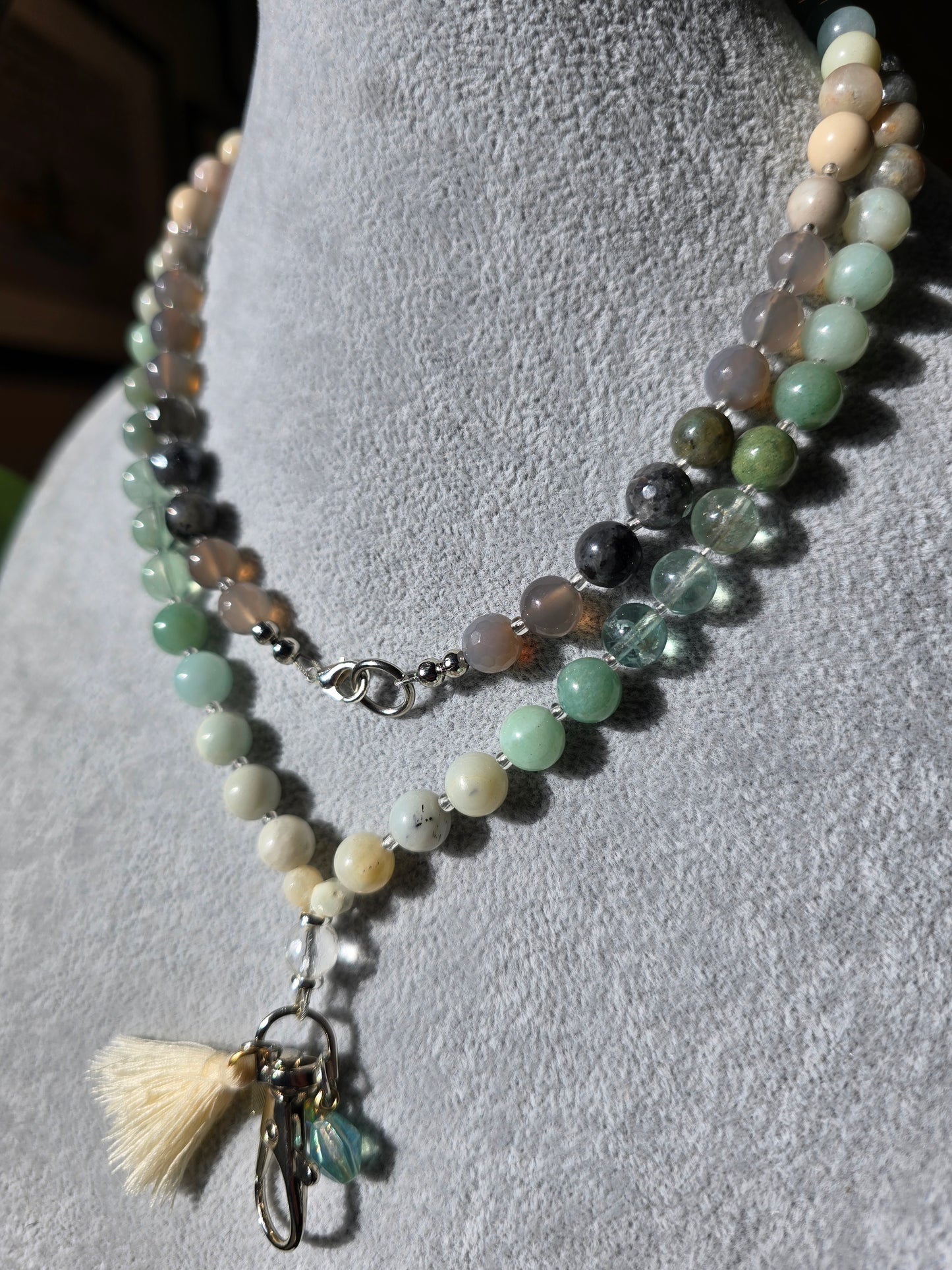 Coastal Calm Lanyard - Amazonite, Green Fluorite, Grey Agate, Larvikite Sacred Sol Design