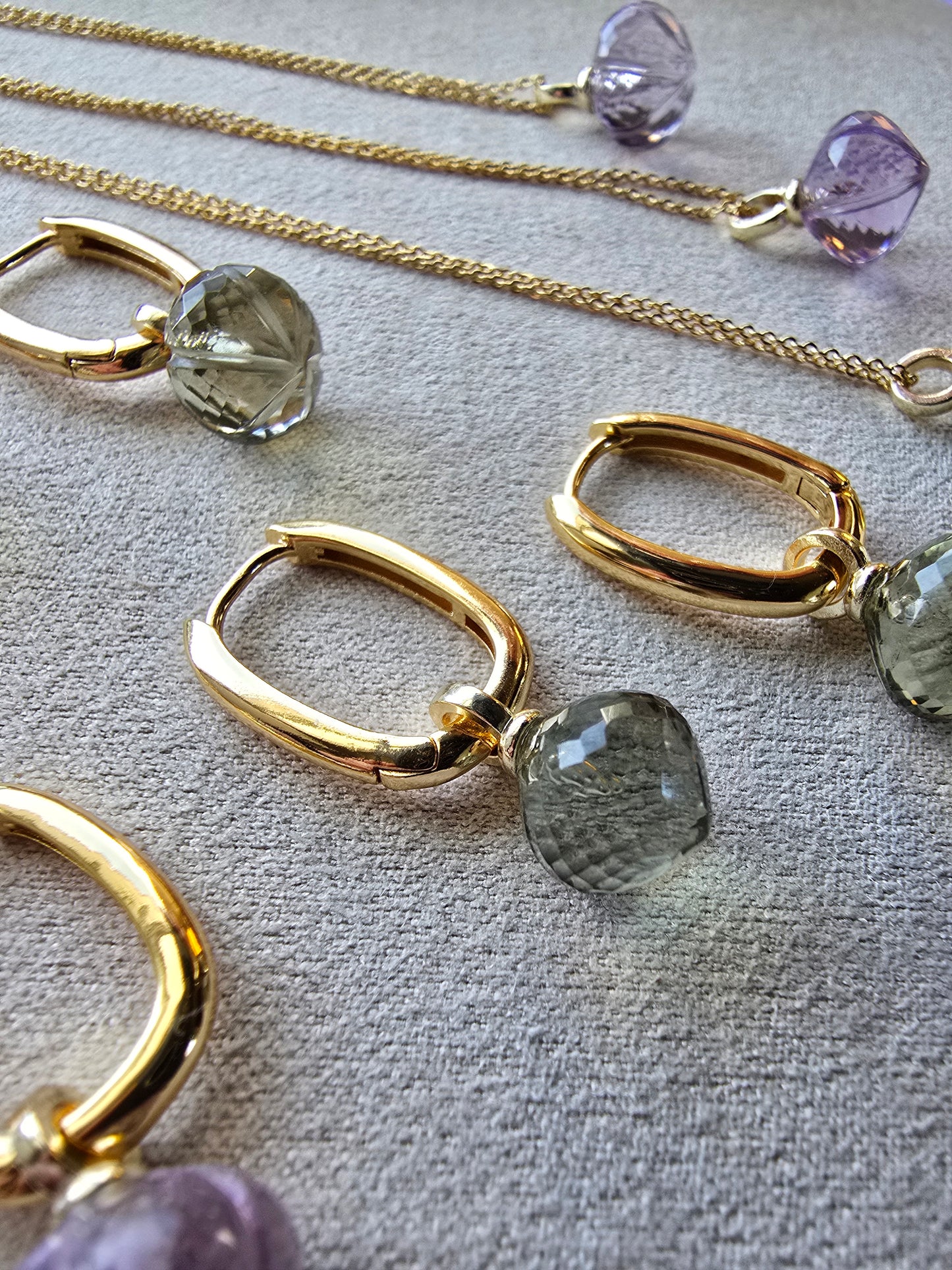 AAA Carved Gemstone Drop Hoop Earrings & Necklaces | Green Amethyst, Purple Amethyst, Prasiolite | Gold Hoop Earings Sacred Sol Design