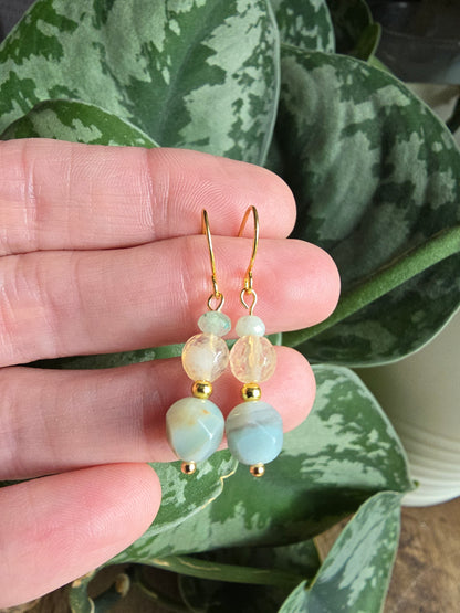 Amazonite & Golden Quartz Gold Plated Drop Earrings | Natural Gemstone Dangle Earrings Sacred Sol Design