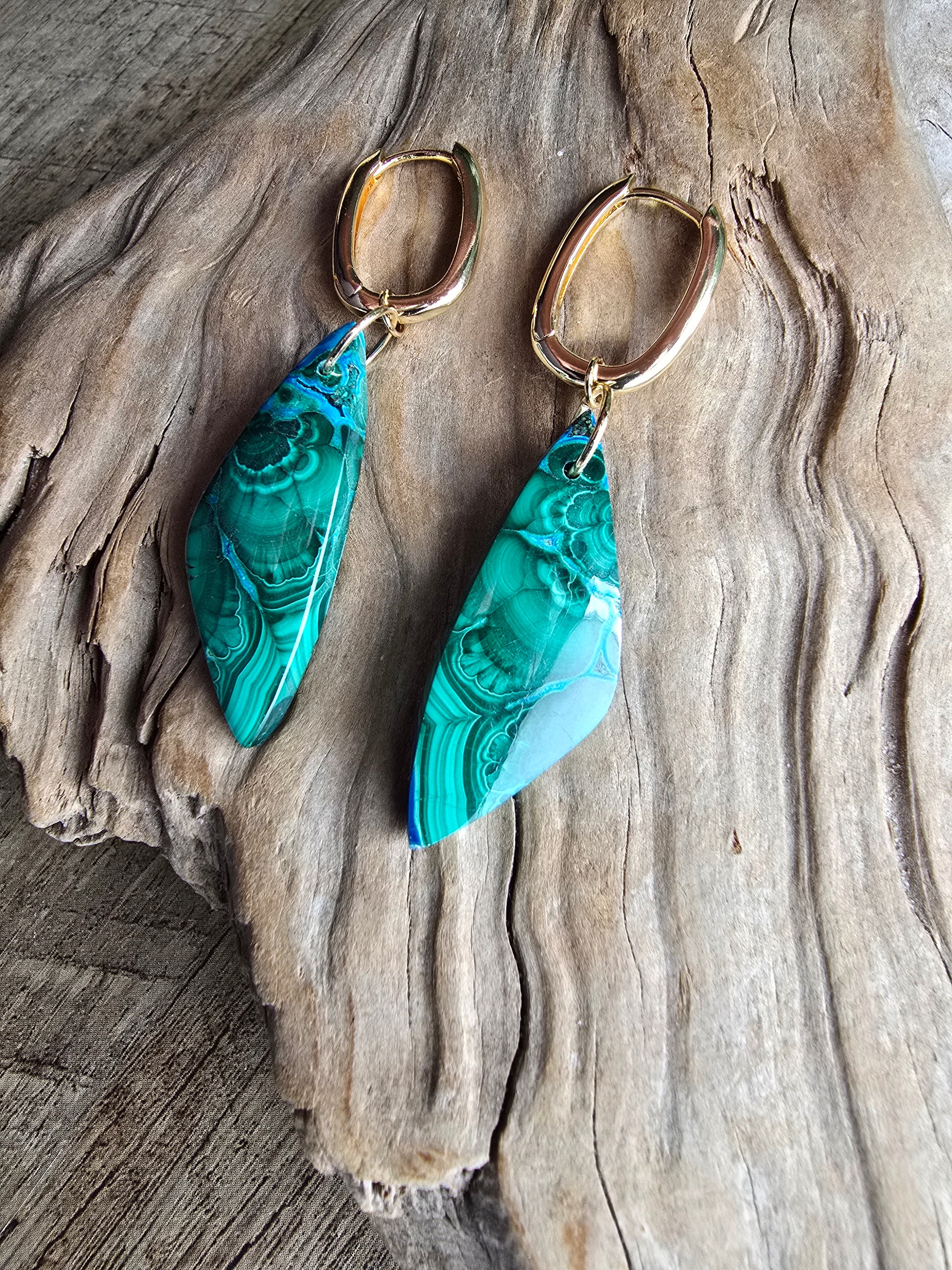 Malachite & Chrysocolla Drop Earrings – Gold Hoop Statement Gemstones Sacred Sol Design