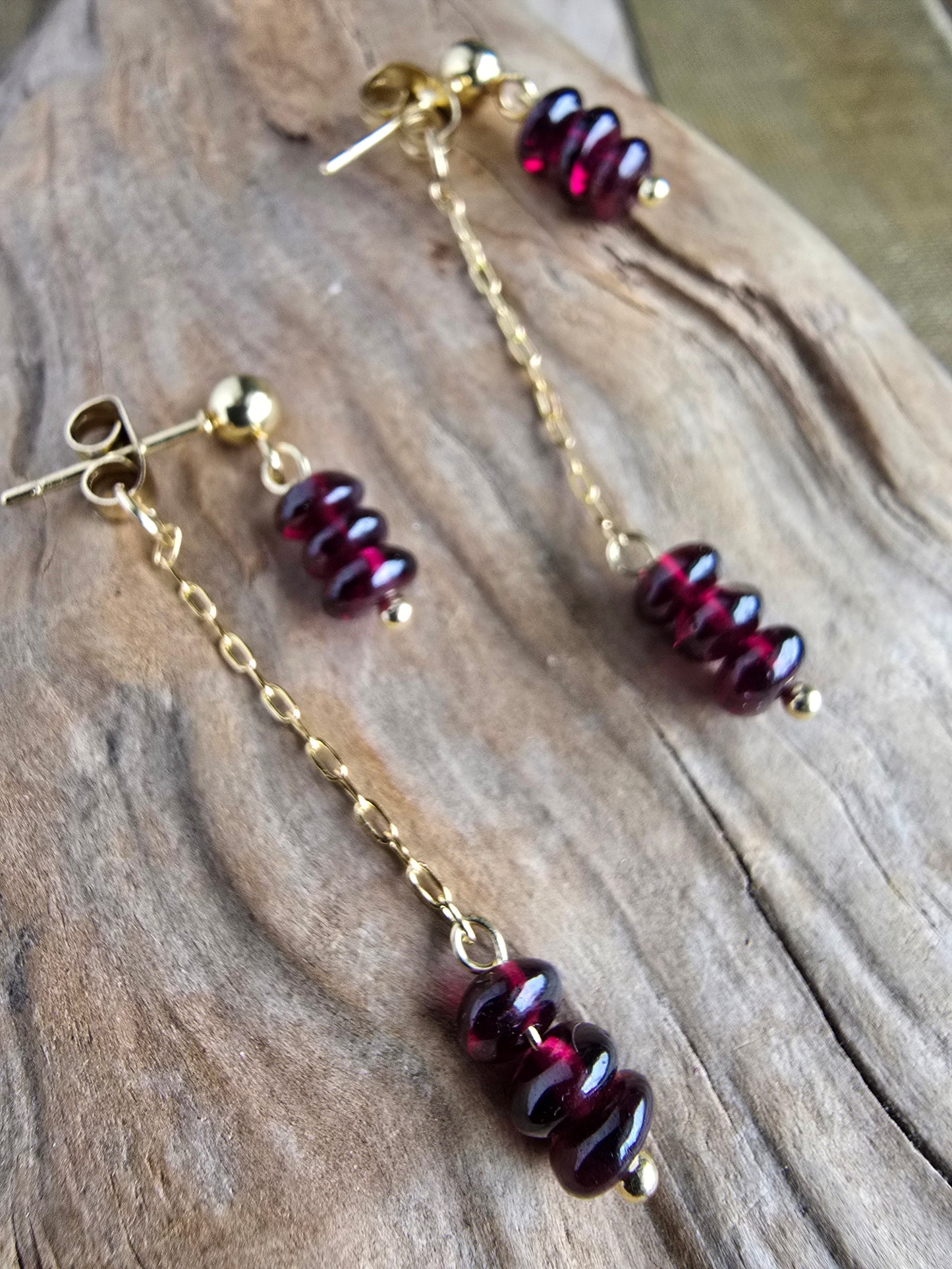 Garnet Earrings with Chain Dangle – Gold Plated Stud Earrings, Modern Minimal Stone Drops Sacred Sol Design