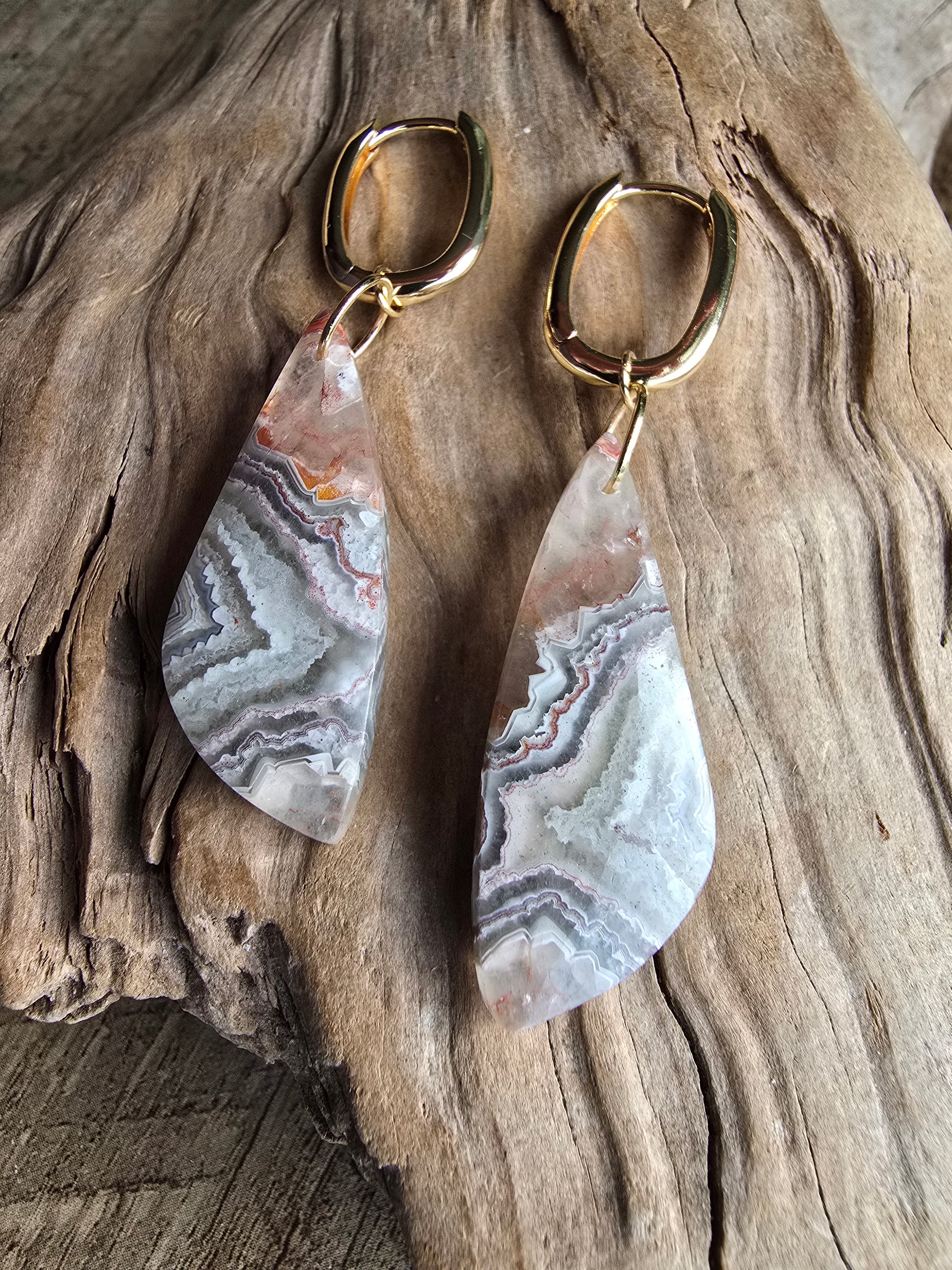 Gray Lace Agate Earrings – Neutral Banded Stone Drop Hoops Sacred Sol Design