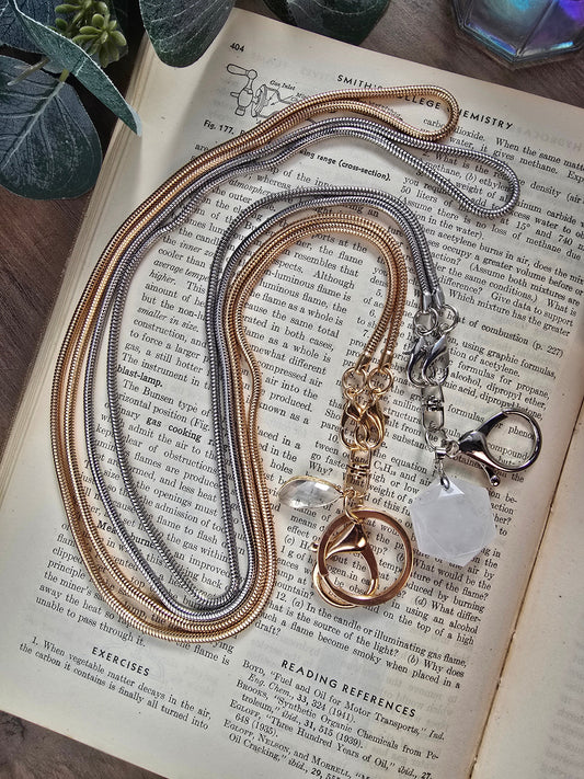 Elegant Snake Chain Lanyard with Natural Quartz Charm Sacred Sol Design