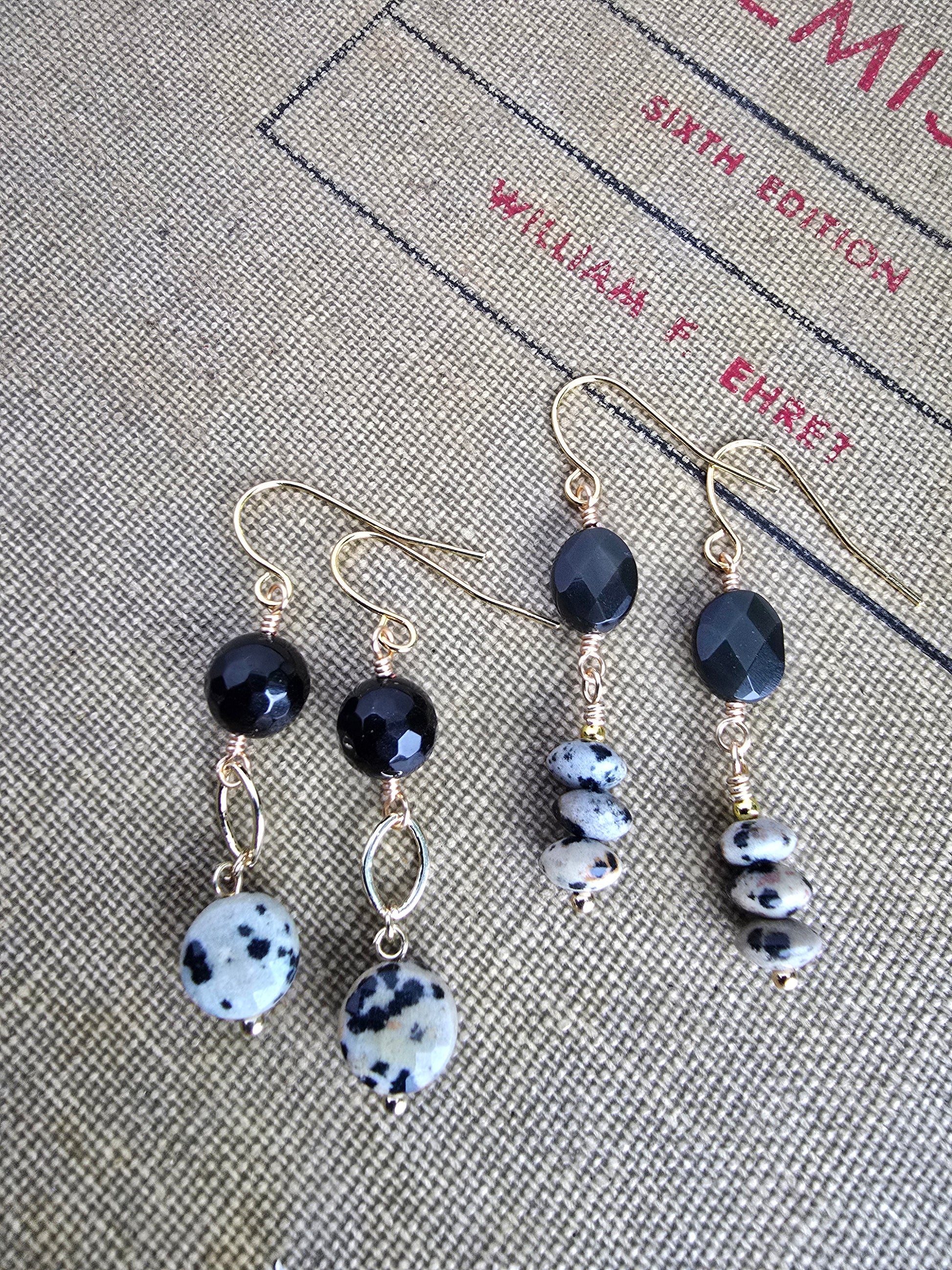 Dalmatian Jasper & Faceted Black Agate Drop Earrings - Gold Plated Earrings Sacred Sol Design