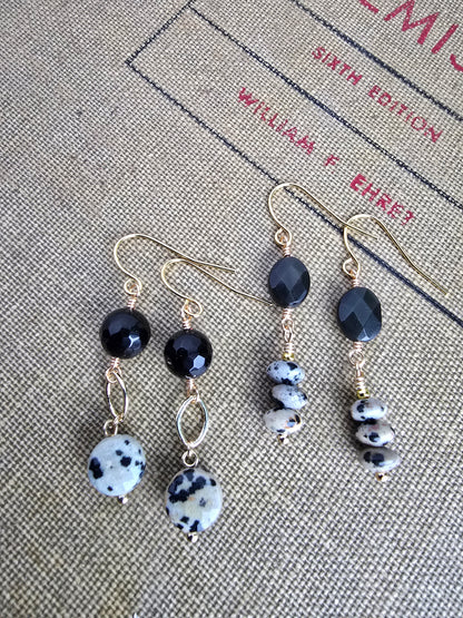 Dalmatian Jasper & Faceted Black Agate Drop Earrings - Gold Plated Earrings Sacred Sol Design