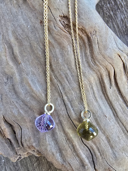 AAA Carved Gemstone Drop Hoop Earrings & Necklaces | Green Amethyst, Purple Amethyst, Prasiolite | Gold Hoop Earings Sacred Sol Design