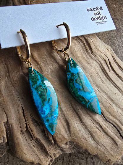 Chrysocolla Malachite Statement Earrings – Gold Hoop Gemstone Drops Sacred Sol Design