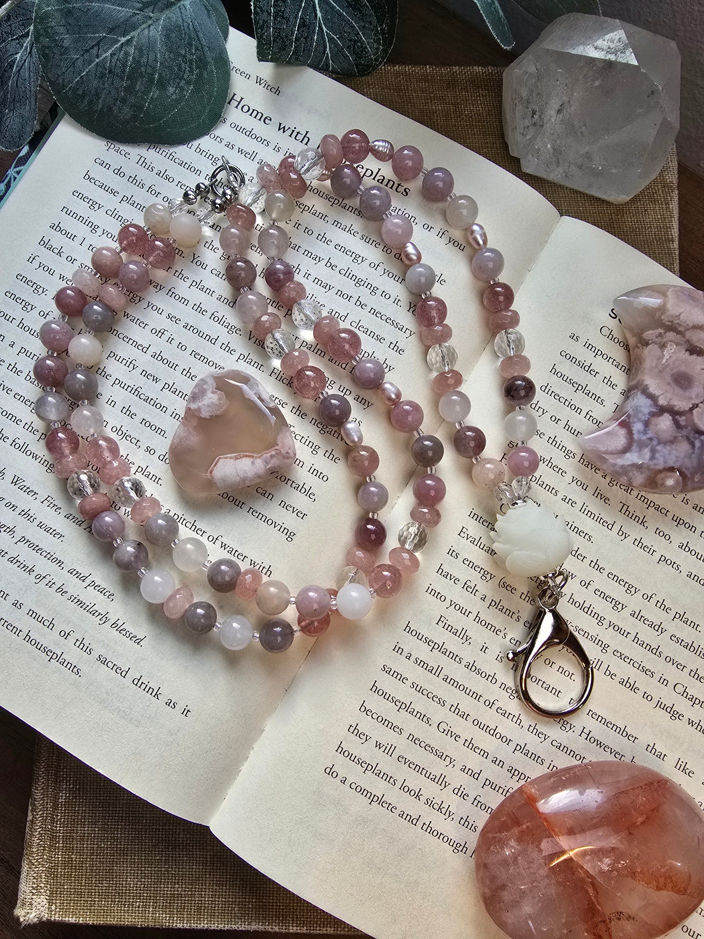 Lotus Bloom Lanyard - Purple Rose Quartz, Plum Jade, Strawberry Quartz, Pink Pearls Sacred Sol Design