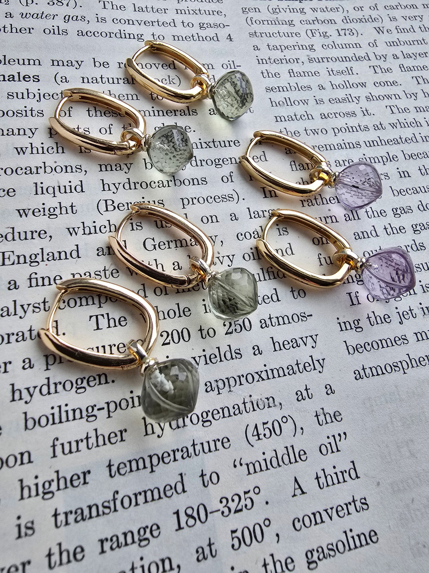 AAA Carved Gemstone Drop Hoop Earrings & Necklaces | Green Amethyst, Purple Amethyst, Prasiolite | Gold Hoop Earings Sacred Sol Design