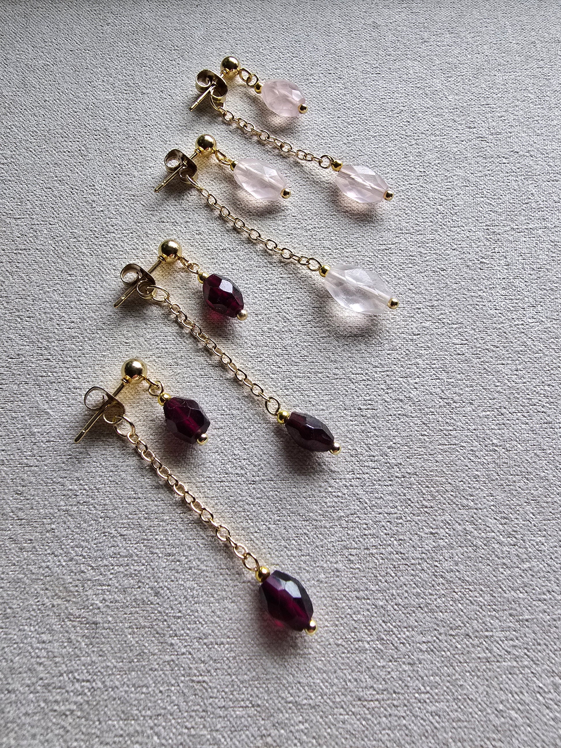 Gold Drop Earrings with Garnet or Rose Quartz - Dainty Chain Dangle Earrings - Minimal Gemstone Earrings Sacred Sol Design