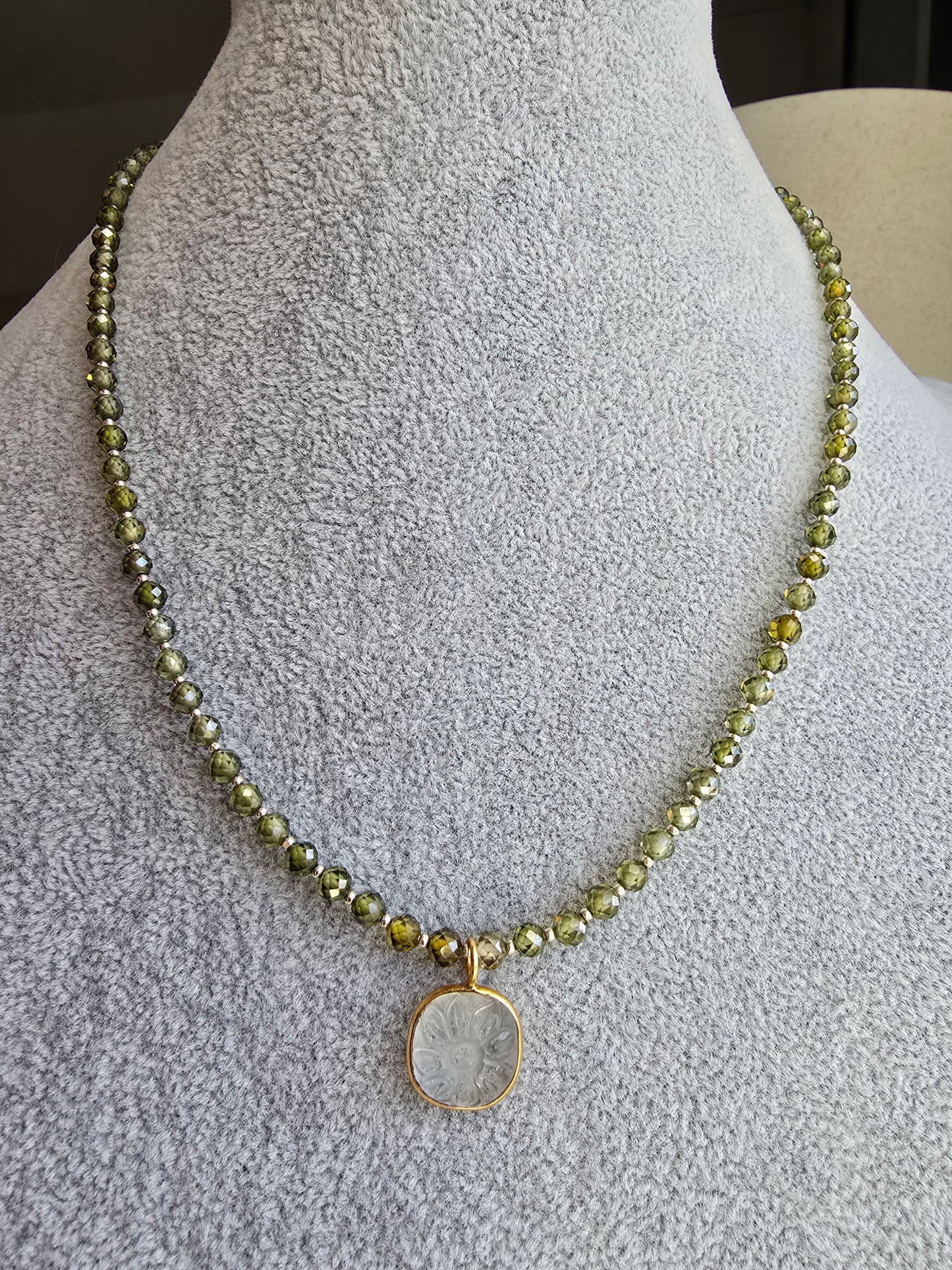 Green Zircon Necklace with Carved Quartz Flower Focal – Gold Filled Gemstone Necklace Sacred Sol Design