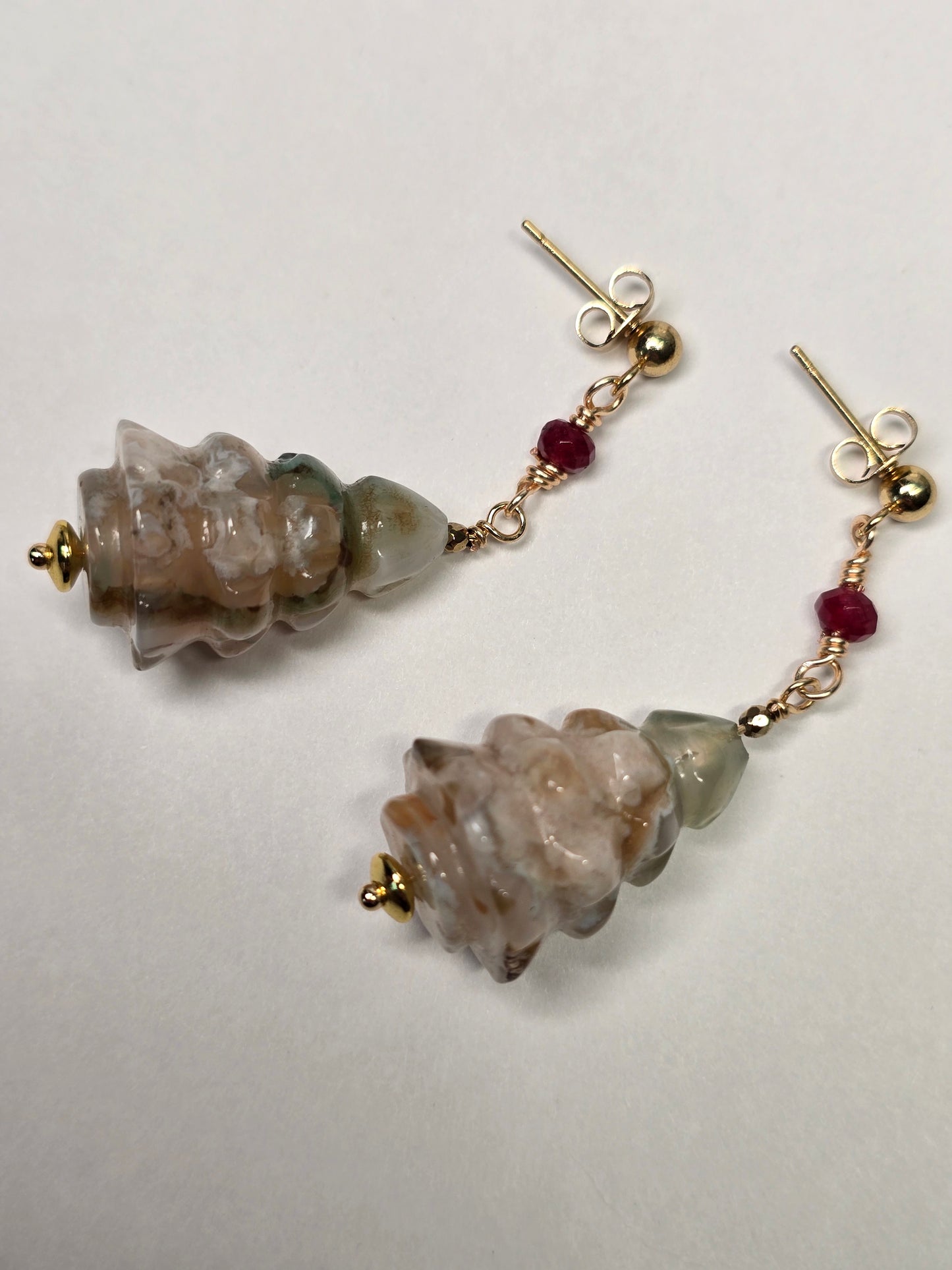 Sakura Agate & Ruby Christmas Tree Dangle Earrings Sacred Sol Design